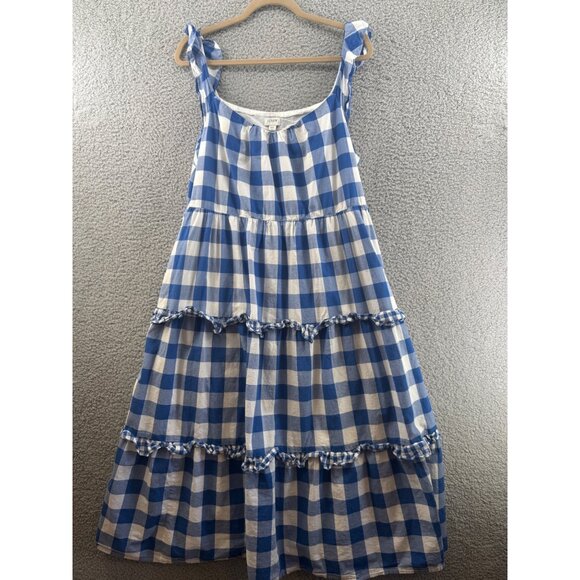 J.Crew Blue & White Gingham Tiered  Flutter Sleeves Maxi Dress Size XXL - Picture 1 of 8